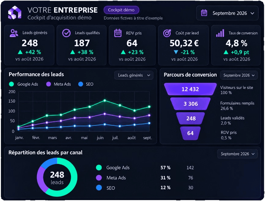 Cockpit démo VALEADATA montrant les performances d’acquisition